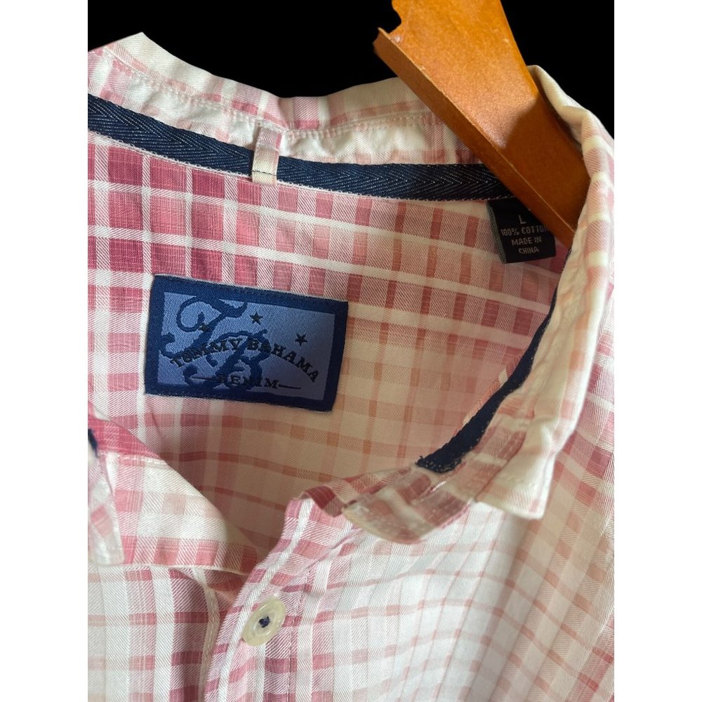 Tommy Bahama Denim Long Sleeve Shirt Cranberry Red White Check Mens Size Large - Picture 3 of 7